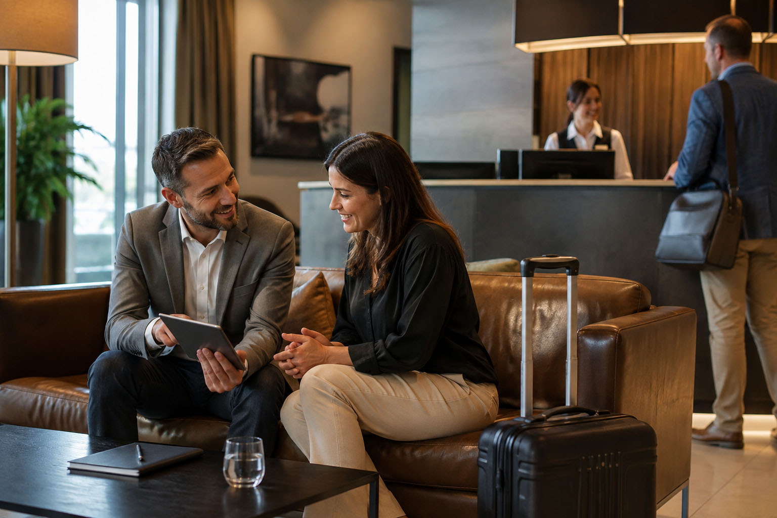 Business travelers meeting in a hotel lobby